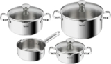 Batterie de cuisine Tefal Duetto (inox, casserole 16 cm + faitouts 16/20/24 cm, couvercles filtrants en verre, induction, four) à 79,99 €