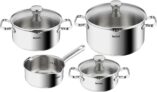 Batterie de cuisine Tefal Duetto (inox, casserole 16 cm + faitouts 16/20/24 cm, couvercles filtrants en verre, induction, four) à 79,99 €
